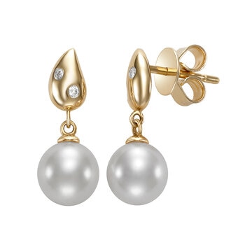 Aretes de Perlas Cultivadas, 7-7.5mm, con Diamantes .04ctw, Oro Amarillo de 14K Aretes de Perlas Cultivadas, 7-7.5mm, con Diamantes .04ctw, Oro Amarillo de 14K