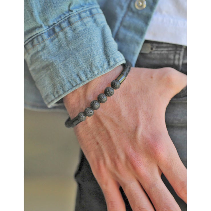 Pulsera de Piel, con Piedra Volcánica y Broche de Acero para Caballero Pulsera de Piel, con Piedra Volcánica y Broche de Acero para Caballero