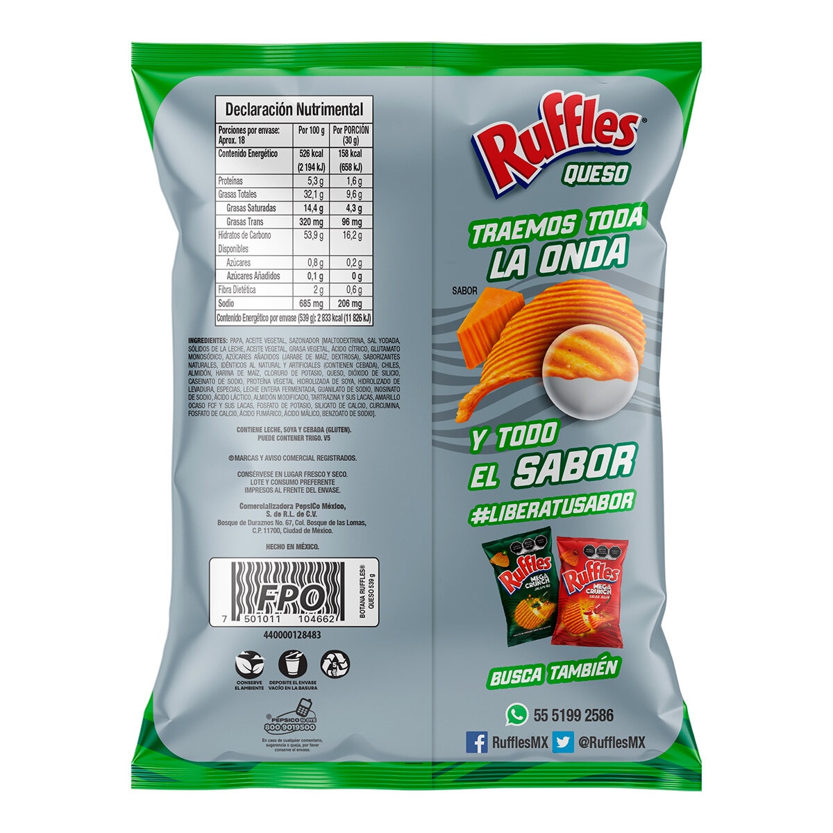 Ruffles Papas Fritas Onduladas sabor Queso 539 g Ruffles Papas Fritas Onduladas sabor Queso 539 g