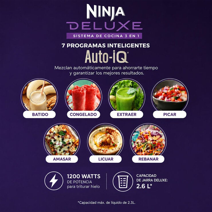 Ninja Deluxe, Sistema de Cocina con Jarra de 2.6 L, Procesador de 9 Tazas, 2 Discos de Rebanado/triturado, 2 Vasos de 700 ml Ninja Deluxe, Sistema de Cocina con Jarra de 2.6 L, Procesador de 9 Tazas, 2 Discos de Rebanado/triturado, 2 Vasos de 700 ml